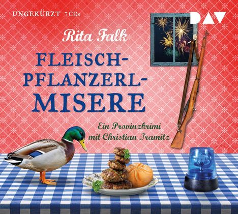 Text: "UNGEKÜRZT 7 CDs, Rita Falk, FLEISCHPFLANZERL-MISERE, Ein Provinzkrimi mit Christian Tramitz." Eine Ente, Fleischgericht, Breze, Lampe auf blau-weiß kariertem Tischtuch.