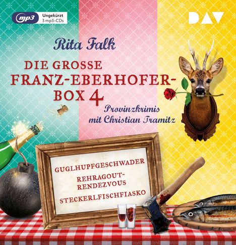 Texte: "Rita Falk", "Die große Franz-Eberhofer-Box 4", "Provinzkrimis", "Guglhupfgeschwader", "Rehragout-Rendezvous", "Steckerlfischfiasko". Farbige Hintergrundfelder, Hirschkopf mit Rose im Maul, Flasche, Bombe, Axt, Fische.