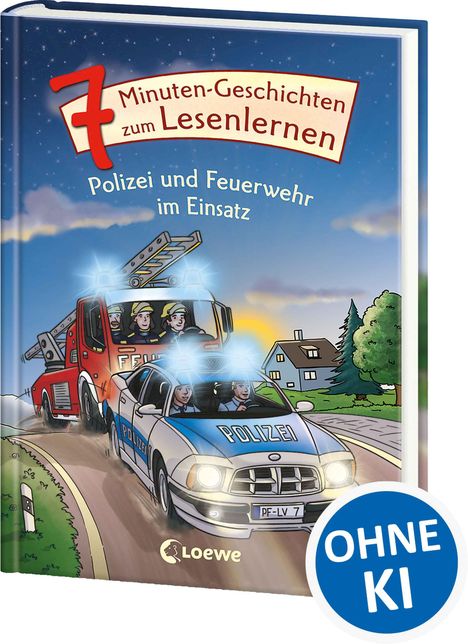 „7 Minuten-Geschichten zum Lesenlernen. Polizei und Feuerwehr im Einsatz.“ Illustration mit Einsatzfahrzeugen.