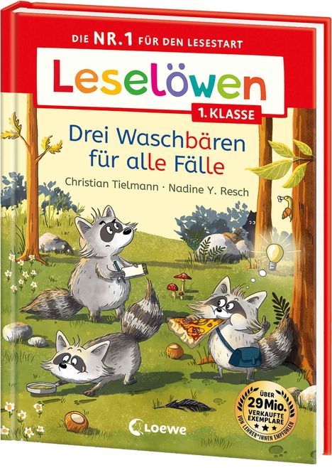 Ein Buch mit dem Titel: "Drei Waschbären für alle Fälle." Drei Waschbären in einem Wald, einer isst Pizza.