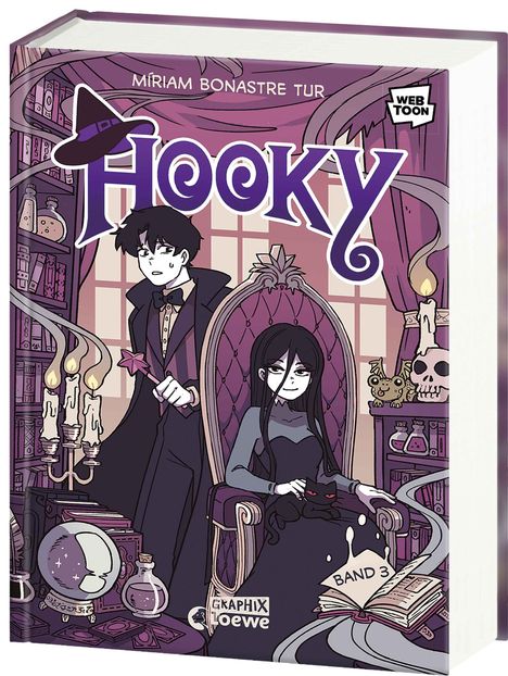 "HOOKY", "MÍRIAM BONASTRE TUR", "WEBTOON", "BAND 3". Zwei Figuren in einem magischen Raum, umgeben von Büchern und Tränken.