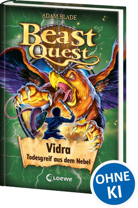 "Beast Quest", "Vidra Todesgreif aus dem Nebel", "OHNE KI". Ein mutiger Kämpfer gegen eine riesige Kreatur mit Schwingen.