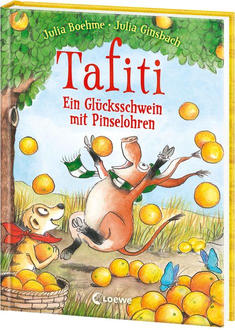 „Tafiti: Ein Glücksschwein mit Pinselohr.“ Fröhliche Szene mit springendem Tier, Früchten und Schmetterlingen.