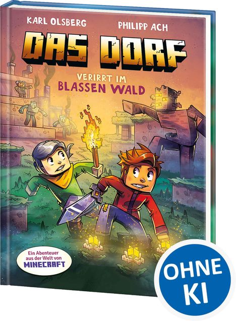 „DAS DORF – Verirrt im Blassen Wald“: Zwei Figuren mit Fackel und Schwert in Minecraft-Stil, Bedrohung im Hintergrund.