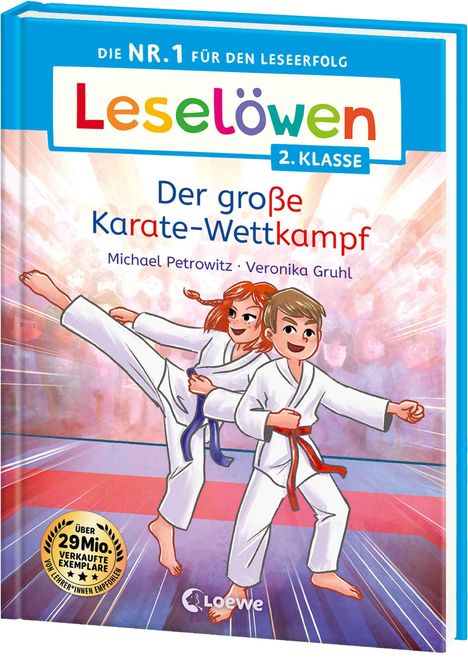 Buchtitel: "Der große Karate-Wettkampf". Illustration von zwei Kindern in Karateanzügen bei einem Wettkampf.