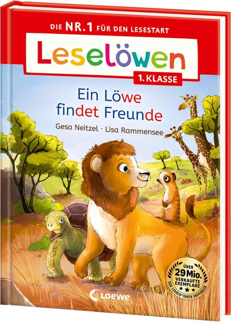 Titel: "Ein Löwe findet Freunde". Ein Löwe, Schildkröte und Erdmännchen stehen zusammen, Giraffen im Hintergrund.