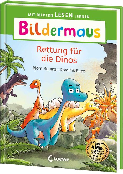 „Mit Bildern Lesen lernen“, „Bildermaus“, „Rettung für die Dinos“. Illustration von bunten Dinosauriern vor Vulkan.