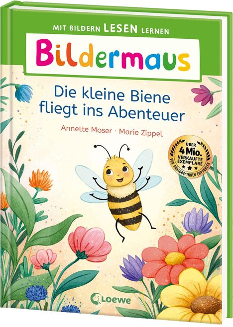 "Bildermaus. Die kleine Biene fliegt ins Abenteuer." Eine fröhliche Biene umgeben von bunten Blumen auf dem Einband.