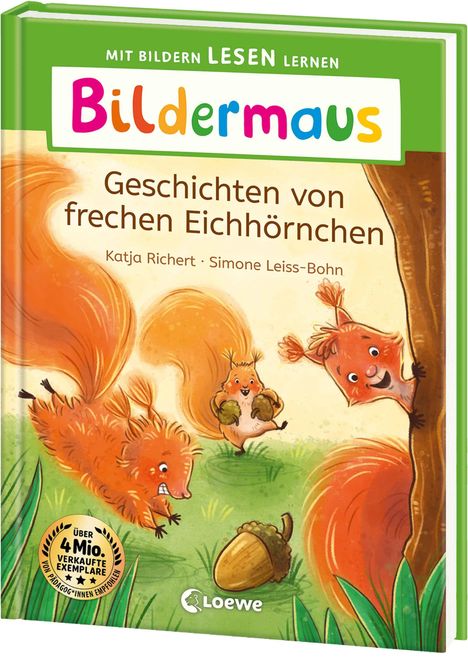 Bunte Buchillustration mit drei fröhlichen Eichhörnchen, die spielen. Titel: "Geschichten von frechen Eichhörnchen".