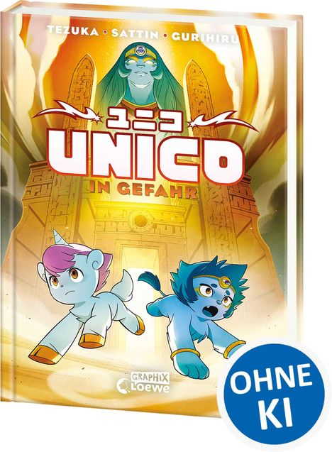 Text: "UNICO IN GEFAHR" und "OHNE KI". Zwei niedliche cartoonhafte Tiere laufen vor einem Tempel.