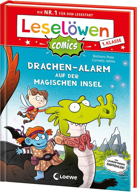 Titel: "Drachen-Alarm auf der magischen Insel." Bunte Illustration eines Drachen und zweier Figuren im Abenteuerstil.