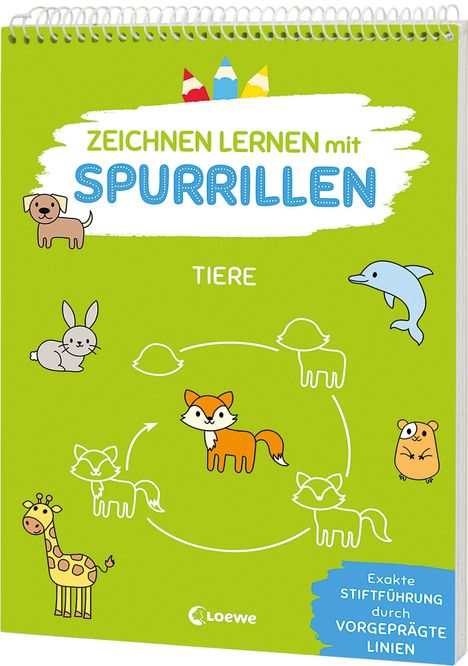 Text: "ZEICHNEN LERNEN mit SPURRILLEN TIERE". Illustrationen von Tieren auf grünem Hintergrund.