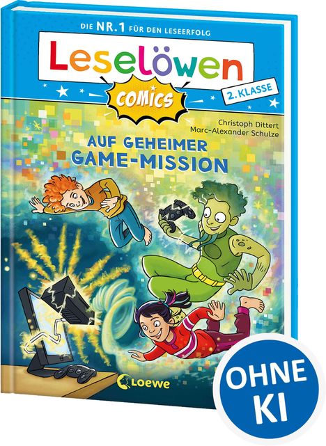 "Leselöwen", "Comics", "2. Klasse", "Auf geheimer Game-Mission". Illustration von Kindern, die ins Spiel eintauchen.