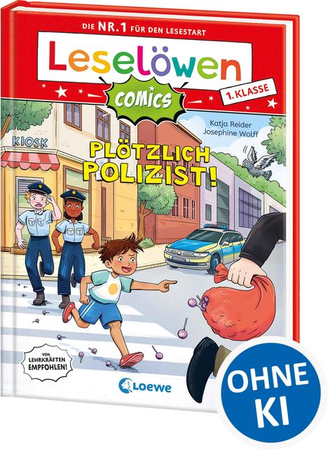 Buchtitel: "Plötzlich Polizist!" Ein Junge zeigt auf einen flüchtenden Dieb, verfolgt von Polizisten. Polizei im Hintergrund.