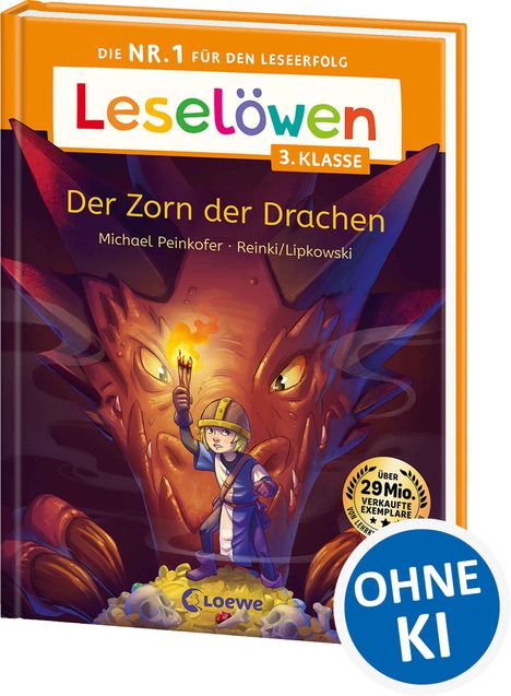 „Leselöwen 3. Klasse: Der Zorn der Drachen“. Illustration: Ein Kind mit Fackel vor einem Drachenkopf auf einem Goldschatz.