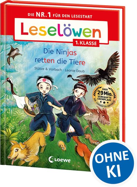 "Leselöwen 1. Klasse: Die Ninjas retten die Tiere" zeigt zwei Ninjas in einem Wald mit Tieren. "OHNE KI"-Logo.