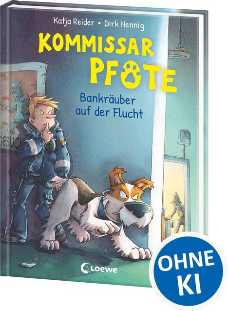 „Kommissar Pfote: Bankräuber auf der Flucht“ in großen Buchstaben. Ein Polizist und ein Hund in einer Illustration.