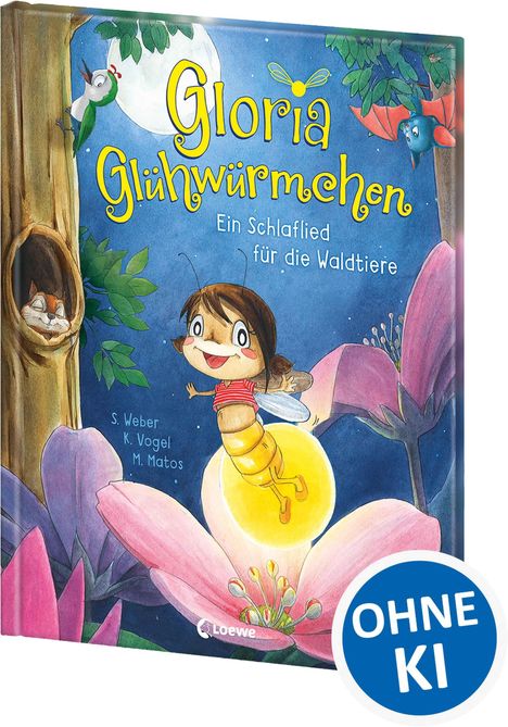 "Gloria Glühwürmchen. Ein Schlaflied für die Waldtiere." Illustration: Leuchtendes Glühwürmchen, Wald und Nacht.