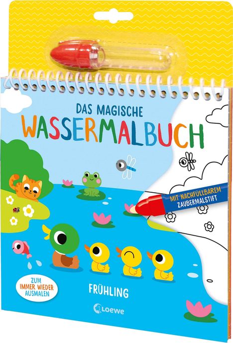 "Das magische Wassermalbuch", bunte Buchstaben, Ente und Entenküken am Teich mit Frosch, Katze und Libelle.