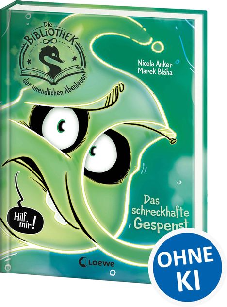 „Hilf mir!“, „Das schreckhafte Gespenst“. Illustration: grünes Gespenst mit großen, erschrockenen Augen.