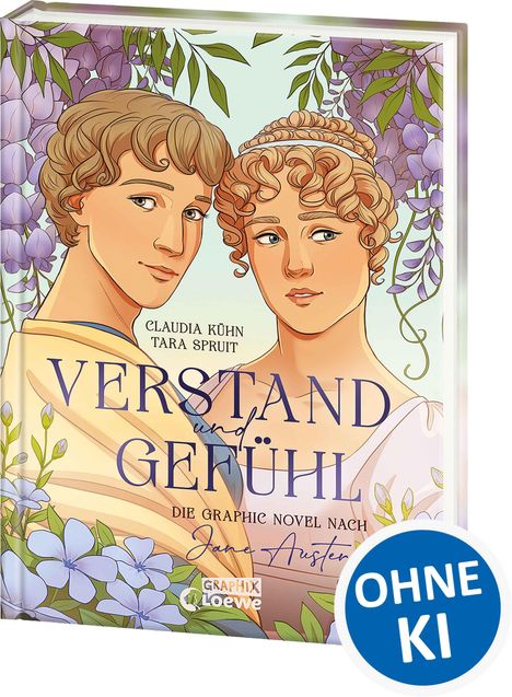 "Verstand und Gefühl" in Großbuchstaben. Zwei Figuren, umgeben von lila Blumen, darunter „OHNE KI“.