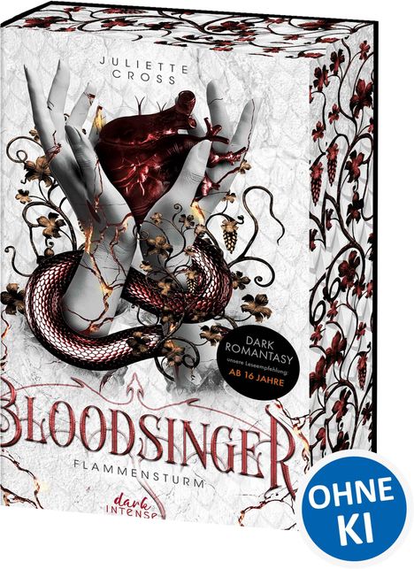 „BLOODSINGER FLAMMENSTURM“ steht in roten Buchstaben. Hände halten ein Herz, umgeben von Blumen und einer Schlange.