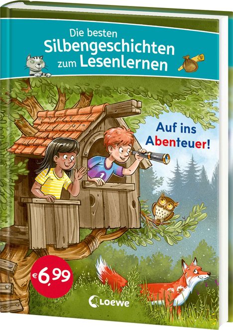 „Die besten Silbengeschichten zum Lesenlernen. Auf ins Abenteuer!“ Zwei Kinder im Baumhaus, Eule und Fuchs darunter.