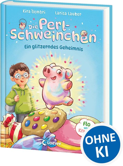 "Die Perl-Schweinchen: Ein glitzerndes Geheimnis." Illustration: ein fröhliches, buntes Schwein mit Strahlen.