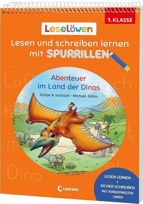 Text: "Leselöwen", "Lesen und schreiben lernen mit SPURRILLEN", "Abenteuer im Land der Dinos", "1. KLASSE". Illustration: Fliegender Dinosaurier über prähistorischer Landschaft.