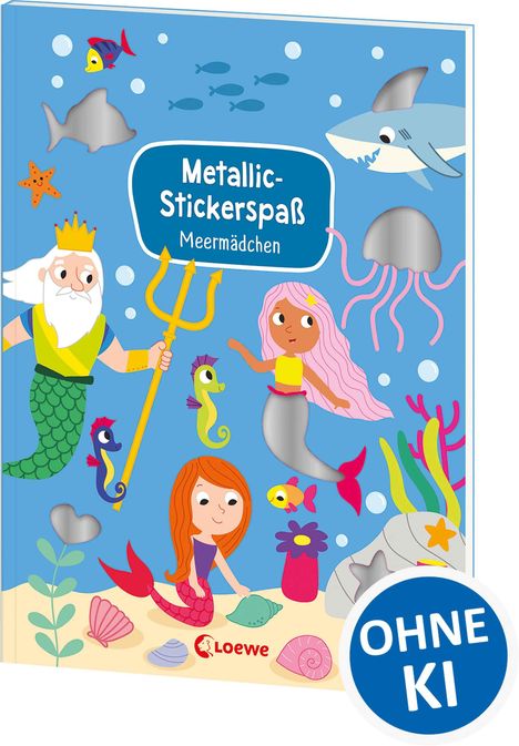 „Metallic-Stickerspaß Meermädchen“. Eine bunte Unterwasserszene mit Meerjungfrauen, Fischen und Pflanzen.