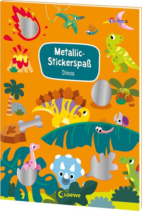 "Metallic-Stickerspaß Dinos" steht in einem Rahmen. Bunte Dinosaurier und Pflanzen bevölkern die orangefarbene Illustration.