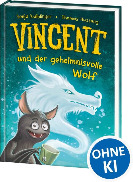 "VINCENT und der geheimnisvolle Wolf", Illustration mit einer Fledermaus und einem geisterhaften, weißen Wolf über einem blauen Hintergrund.