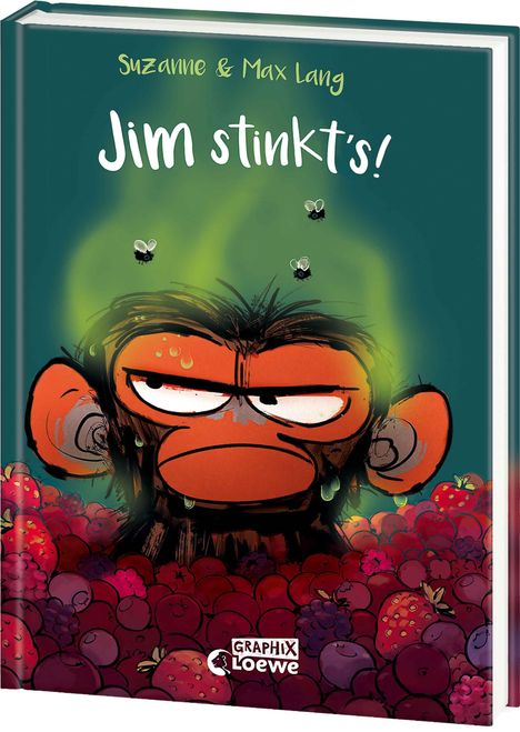 "Jim stinkt's!" von Suzanne & Max Lang. Ein mürrischer Affe, grüne Dämpfe, umgeben von Fliegen und Früchten.