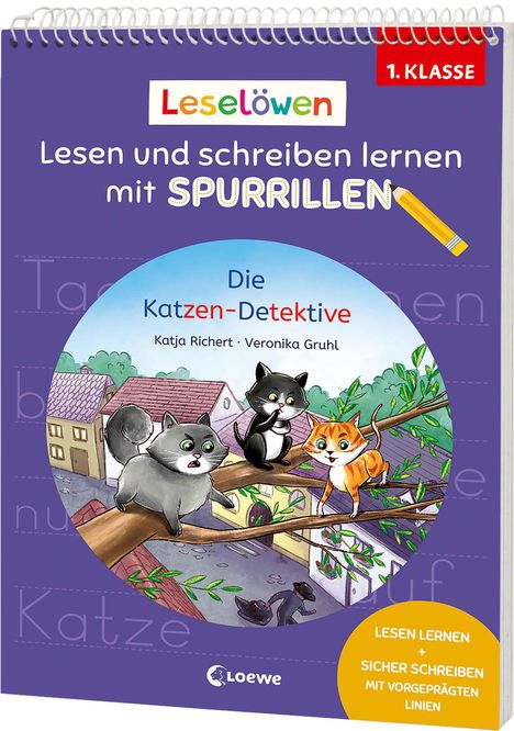 Leselöwen, Lesen und schreiben lernen mit Spurrillen, Die Katzen-Detektive. Drei gezeichnete Katzen auf einem Baum.