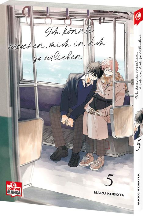 "Ich könnte versuchen, mich in dich zu verlieben." Eine Manga-Cover-Illustration von zwei Personen in einem Zug.