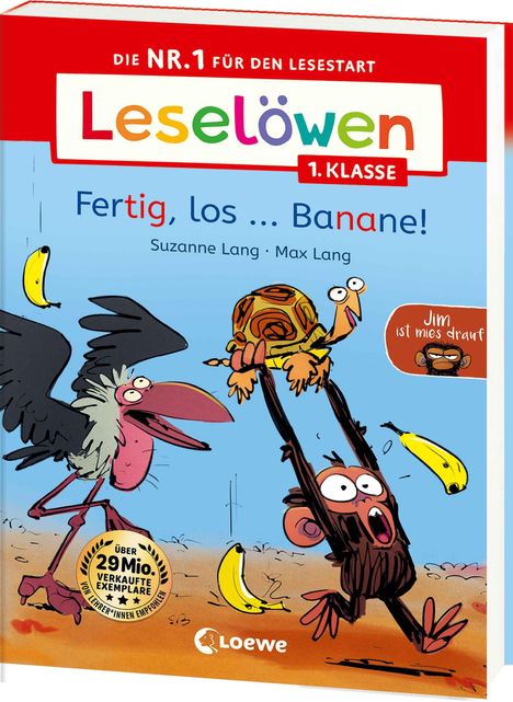 "Fertig, los ... Banane!" von Suzanne Lang und Max Lang. Ein lustiger Affe greift nach Bananen, begleitet von einem Vogel.