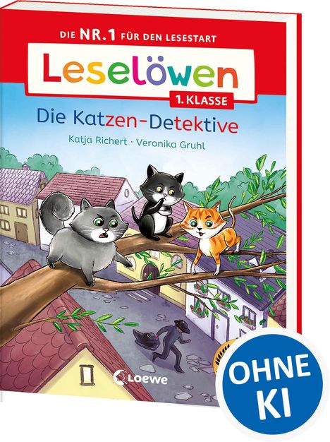 "Leselöwen 1. Klasse: Die Katzen-Detektive" von Katja Richert, Veronika Gruhl. Drei Katzen auf einem Baum.