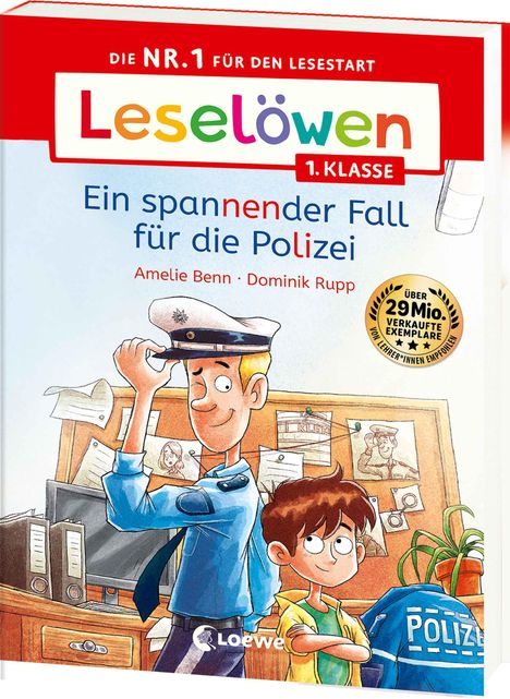 "Leselöwen 1. Klasse: Ein spannender Fall für die Polizei" zeigt einen Polizisten und einen Jungen in einem Büro.