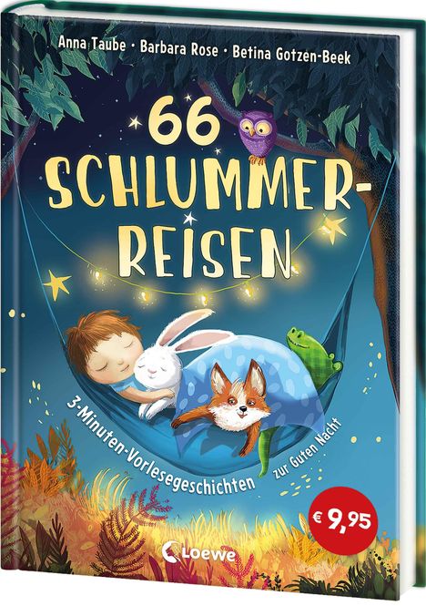 "66 Schlummer-Reisen" steht in großen Buchstaben. Unten kauert ein Kind mit einem Hasen. Eine Eule sitzt oben rechts.