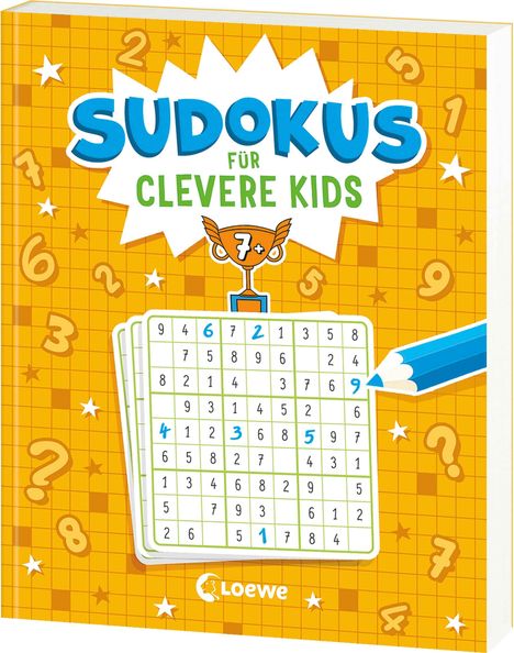 "SUDOKUS FÜR CLEVERE KIDS" auf orangefarbenem Hintergrund mit Zahlen und einem Sudoku-Raster darunter, plus ein blau-weißer Stift.