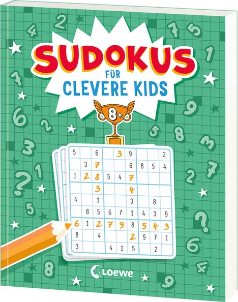 "SUDOKUS FÜR CLEVERE KIDS" in bunten Buchstaben, darunter ein aufgeklapptes Sudoku-Heft mit einem Stift.