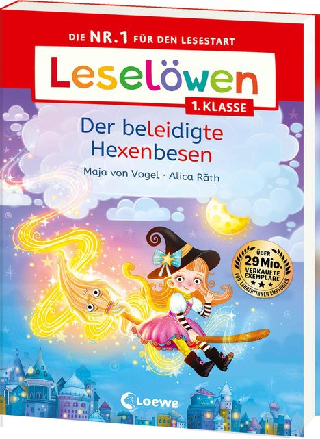 Kinderbuch-Cover mit fliegender Hexe auf leuchtendem Besen über märchenhaftem Schloss, "Leselöwen" und andere Texte.