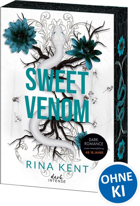 Buchumschlag mit den Worten "SWEET VENOM", "RINA KENT". Eine weiße Schlange mit dunklen Blumen und verzweigten Ästen.