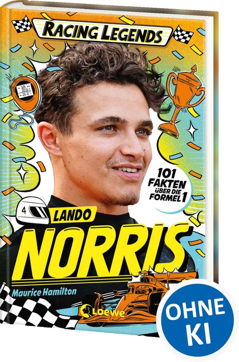 „Racing Legends“, „101 Fakten über die Formel 1“, „Lando Norris“. Illustration mit Pokal, Rennwagen und Helm.