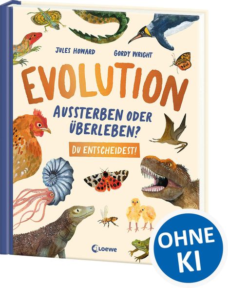 "Evolution: Aussterben oder Überleben? Du entscheidest!" Verschiedene Tiere, Logo unten links, runder Sticker "OHNE KI".