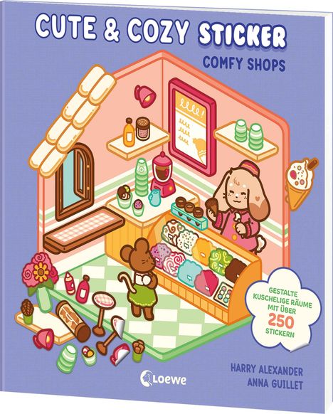 Buchtitel: "CUTE & COZY STICKER COMFY SHOPS". Illustration von Tieren in einem gemütlichen Laden mit Stickern.
