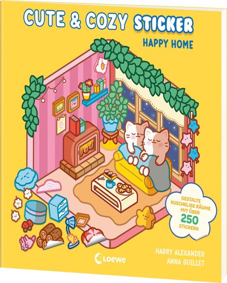 "Cute & Cozy Sticker: Happy Home" - Gestalte kuschelige Räume mit über 250 Stickern. Zwei Katzen in gemütlichem Raum.