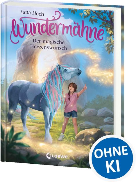 "Wundermähne: Der magische Herzenswunsch" von Jana Hoch. Ein Mädchen mit Einhorn unter funkelnden Lichtern.