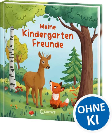 "Meine Kindergarten Freunde" steht auf einem Buch. Ein Reh und ein Fuchs stehen in einem bunten, grünen Wald.