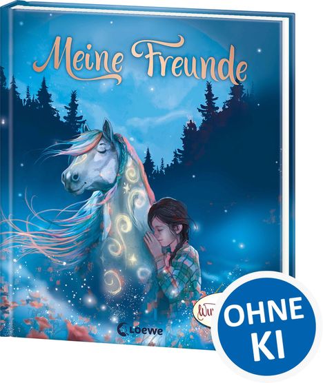 "Meine Freunde", Buch mit Mädchen und fantasievolles Pferd im Wald; Text "OHNE KI" in blauem Kreis.